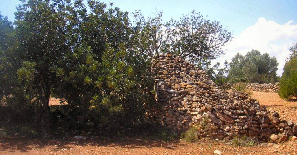 Barraca de pedra seca una mica esfondrada a la partida de la Cova del Duc, al terme municipal de l'Ametlla de Mar (Joan M Borràs/ Wikipedia)