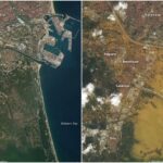 La imatge mostra l'abans i el després del pas de la DANA per València el passat 29 d'octubre (Landsat 8 usgs/NASA/alsospace)