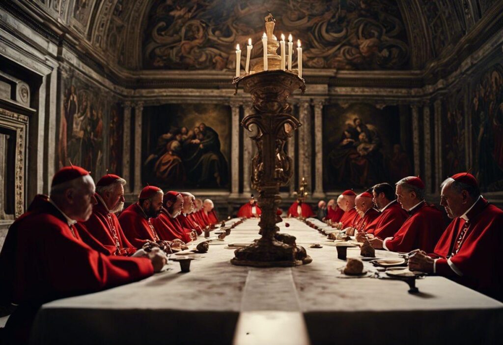 Cardenals reunits al voltant d'una taula/Fotograma de la pel·lícula "Cónclave"-House Production i FilmNation Entertainment