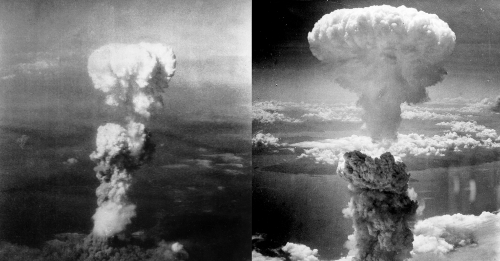 Imatge que compara els núvols atòmics de les bombes nuclears caigudes a Hiroshima i Nagasaki l'any 1945