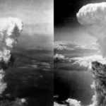 Imatge que compara els núvols atòmics de les bombes nuclears caigudes a Hiroshima i Nagasaki l'any 1945
