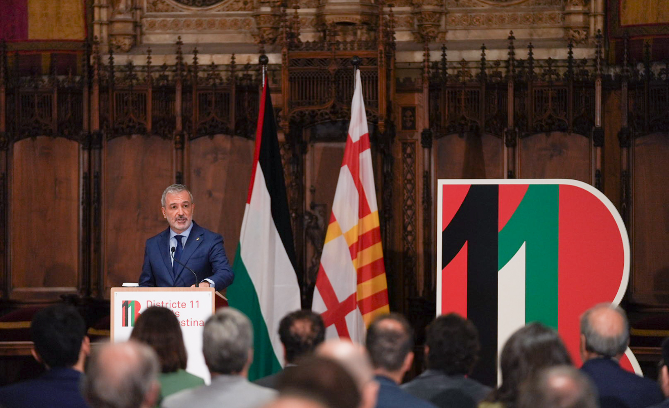 L'alcalde de Barcelona, Jaume Collboni, durant l'acte de presentació del Districte 11 Ciutats de Palestina/Ajuntament de Barcelona